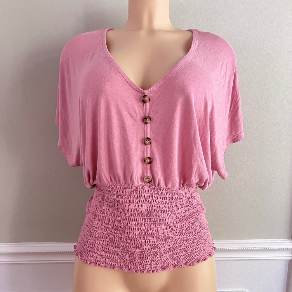 Venus Smocked Waist Top Womens Large Pink V-Neck Dolman Short Sleeve Barbiecore